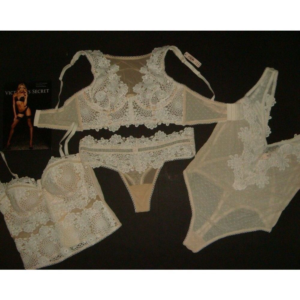 Victoria's Secret high-neck 32B,32C BRA SET+CORSET+XS TEDDY Beige White applique